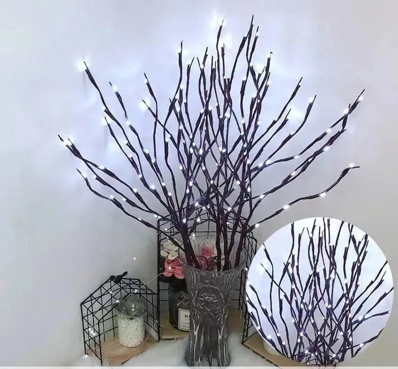 Silver branch LED decorative tree lamp with colour-changing lights in a vase base.