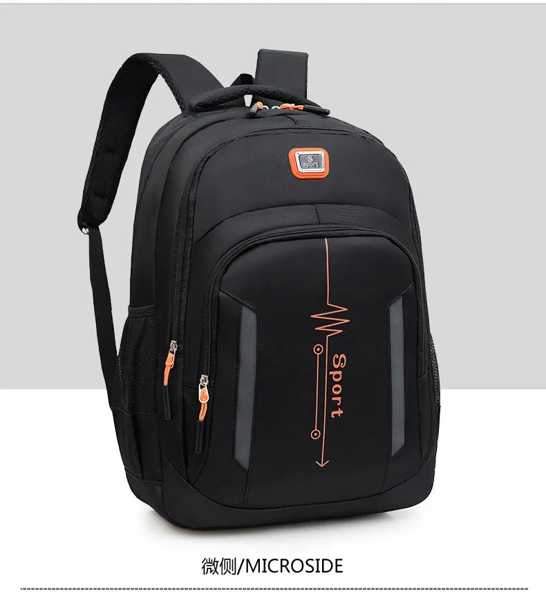 Blue business travel backpack with airpillow straps and sewing line detail on Oxford cloth.