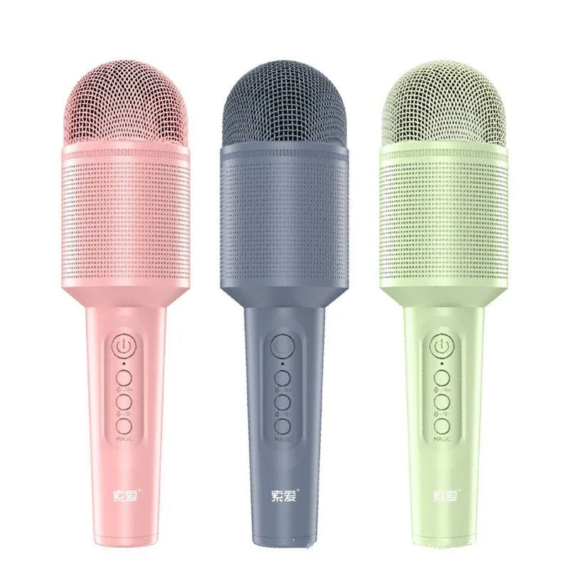 Wireless Bluetooth karaoke microphone in pink, blue, and green colour options.