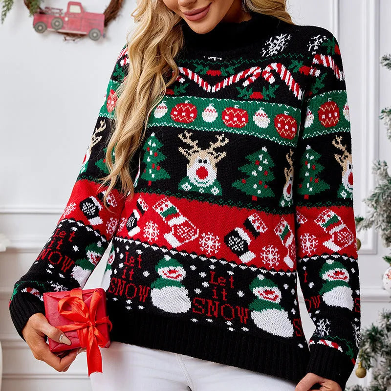 Women's long-sleeved turtleneck sweater in black Christmas animal pattern, slim fit acrylic pullover, sizes S-XXL