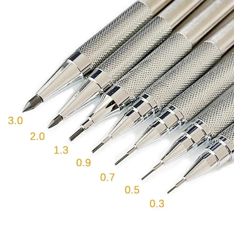 Metal automatic mechanical pencil showing lead size options from 0.3mm to 3.0mm for writing and drafting