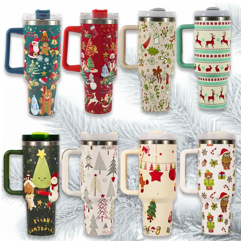 Christmas pattern stainless steel travel mug with handle, straw, and lid, showing 1200ml capacity.