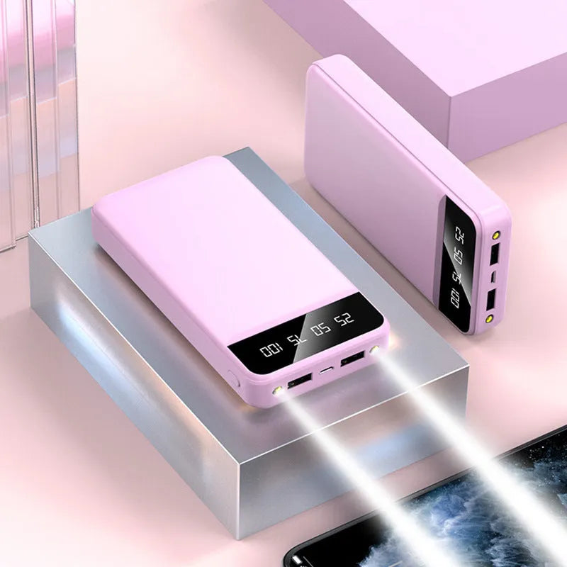 20000 mAh polymer power bank with multiple USB ports in black white pink blue colours