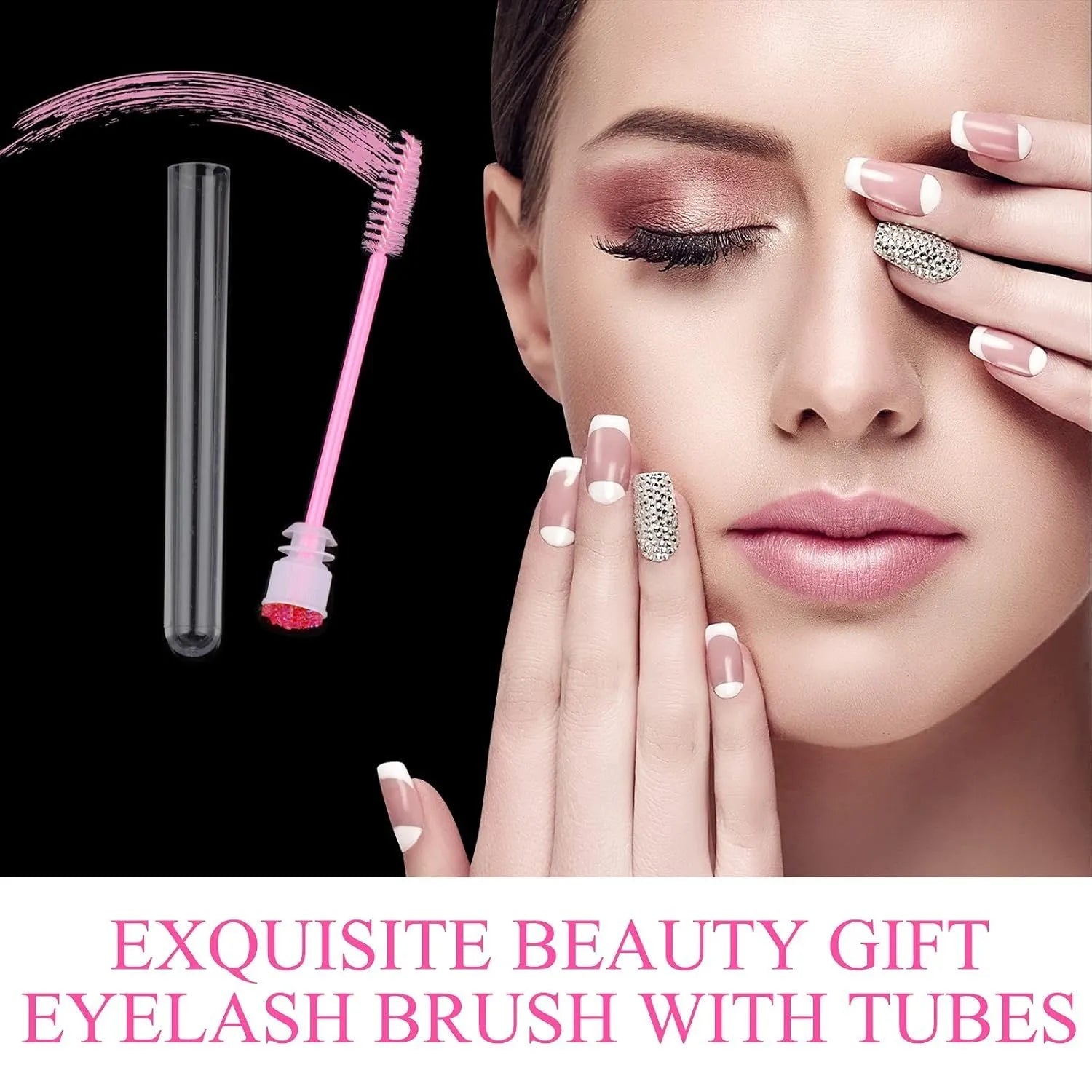Set of coloured disposable mascara brushes inside clear plastic storage tubes on a white background.