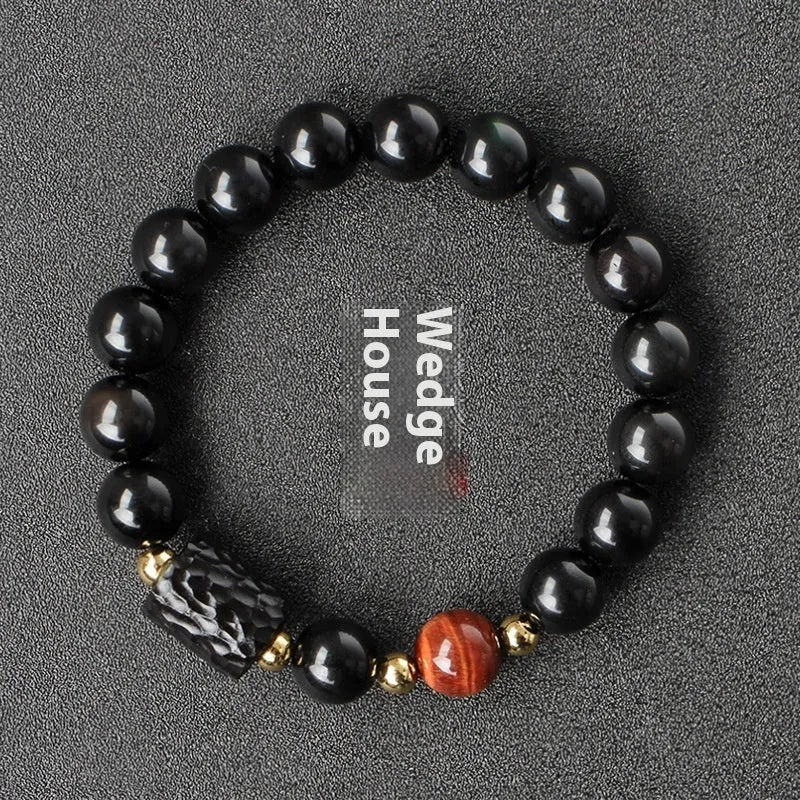 Obsidian and tiger eye bracelet with 10mm beads and circle design