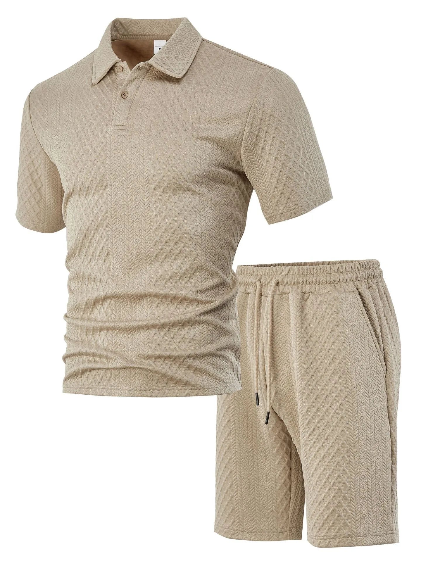 Men's patterned polyester casual suit with short-sleeve polo shirt and trousers in multiple colour options