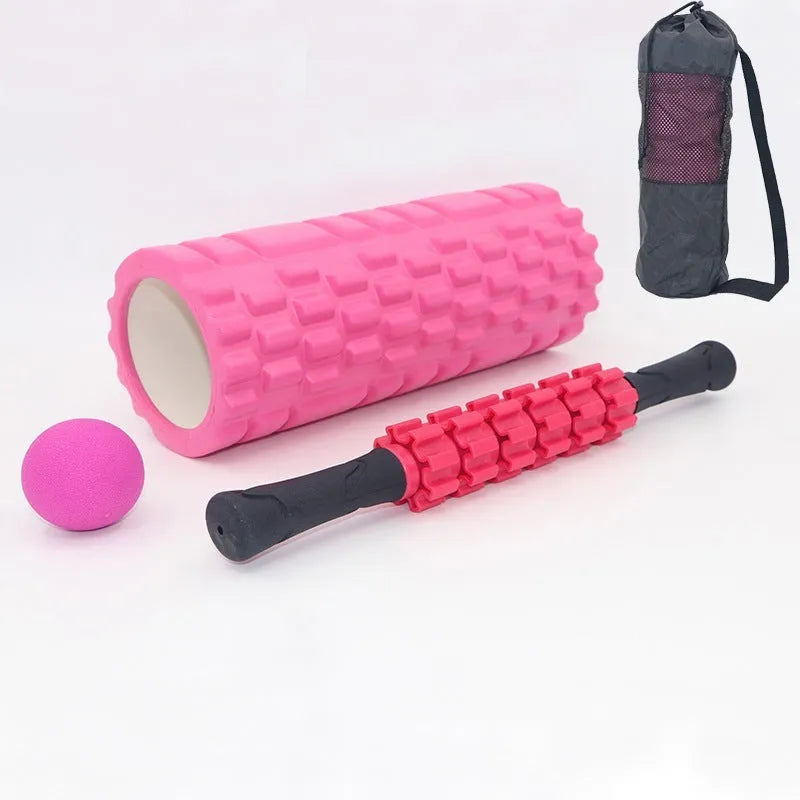 Black six-piece foam roller with gear pattern measuring 33cm long for muscle massage