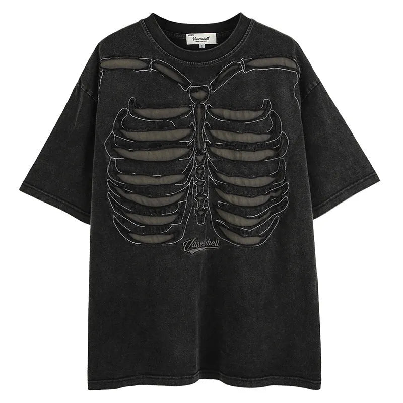 Man's loose black cotton t-shirt with skull and text print, featuring drop-shoulder sleeves.