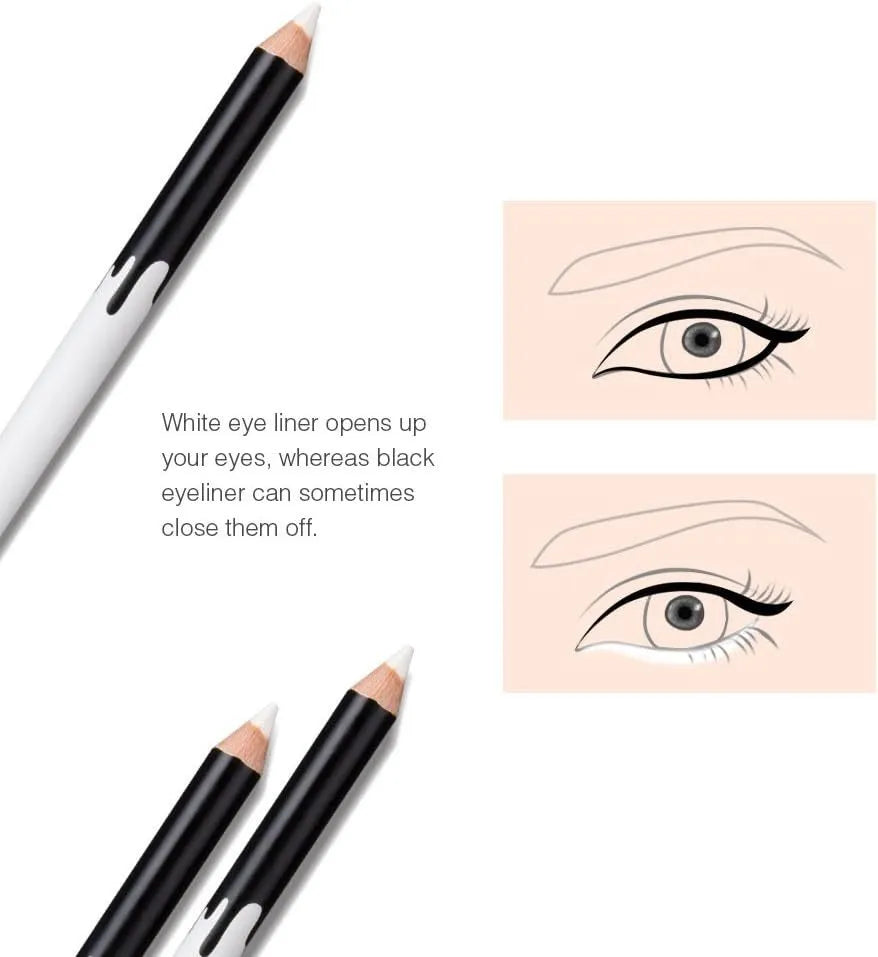 12 white and black retractable eyeliner pencils with a sharpener on a white background.