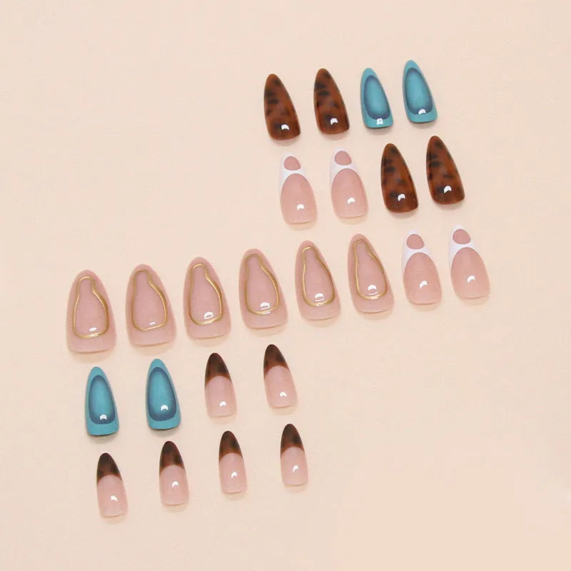 Blue and green leopard print wearable armour fake nails set with glue for ladies, detachable press-on style