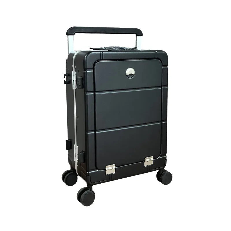 20-inch front opening cabin suitcase in silver with a cup holder and separate wet-dry compartment.