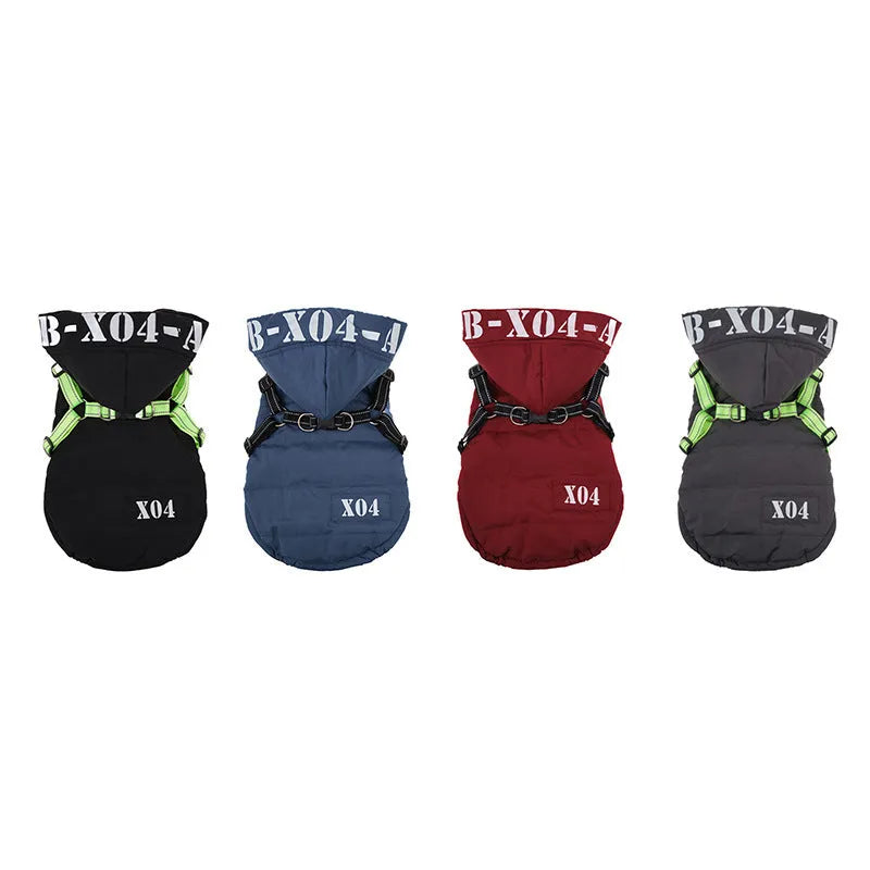 Red fleece-lined waterproof winter dog jacket with hood on medium-sized dog outdoors