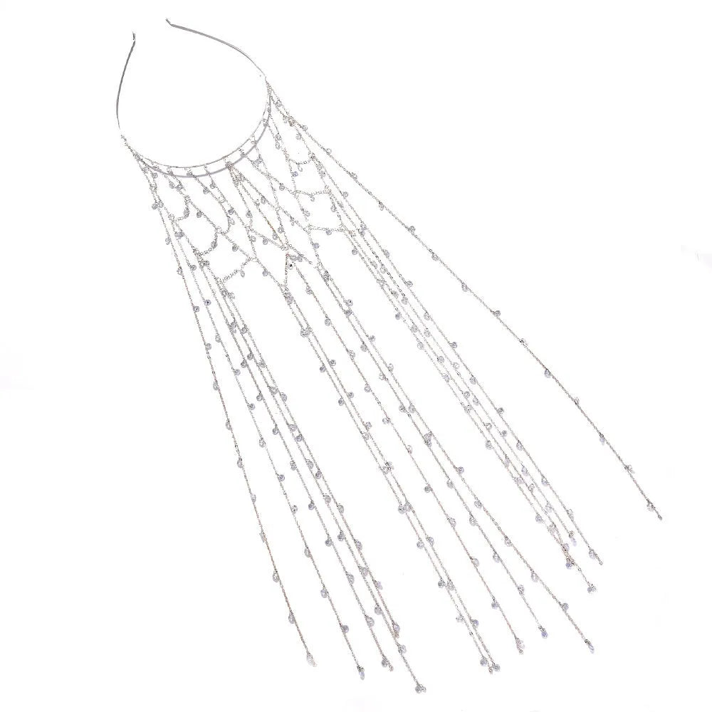 Gold electroplated rhinestone headband with mesh tassel detailing, 24 cm hair accessory