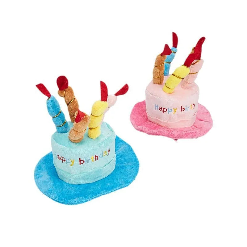 Blue and pink dog birthday hats showing 21cm by 15cm by 6.5cm dimensions