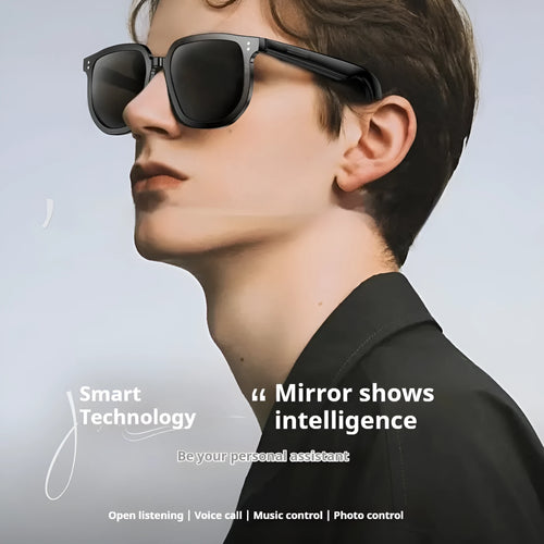 Black Bluetooth smart sunglasses with touch control and anti-blue light lenses