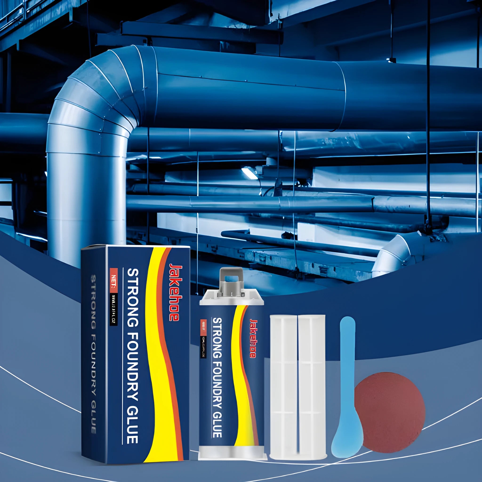 85ml dual-syringe metal epoxy adhesive kit with push rod, scraper, and sandpaper for bonding steel, copper, and aluminium.
