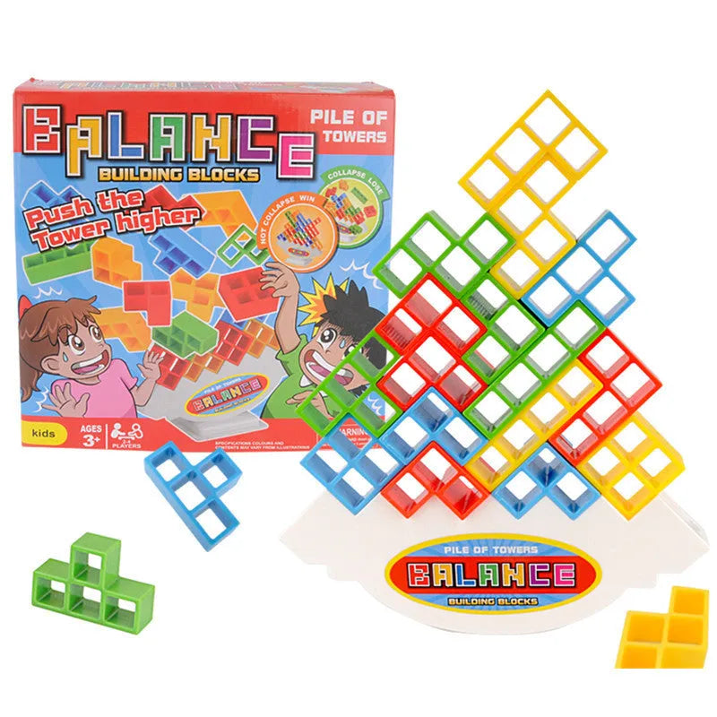 Plastic balance stacking game with colourful building blocks on chassis for family play