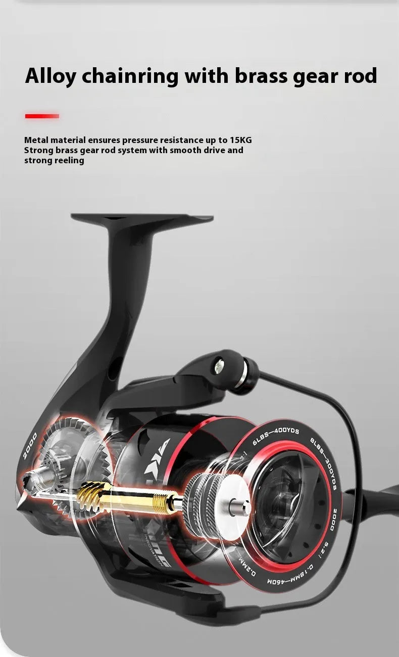 All metal spinning fishing reel and collapsed telescopic fishing rod combo on a background.