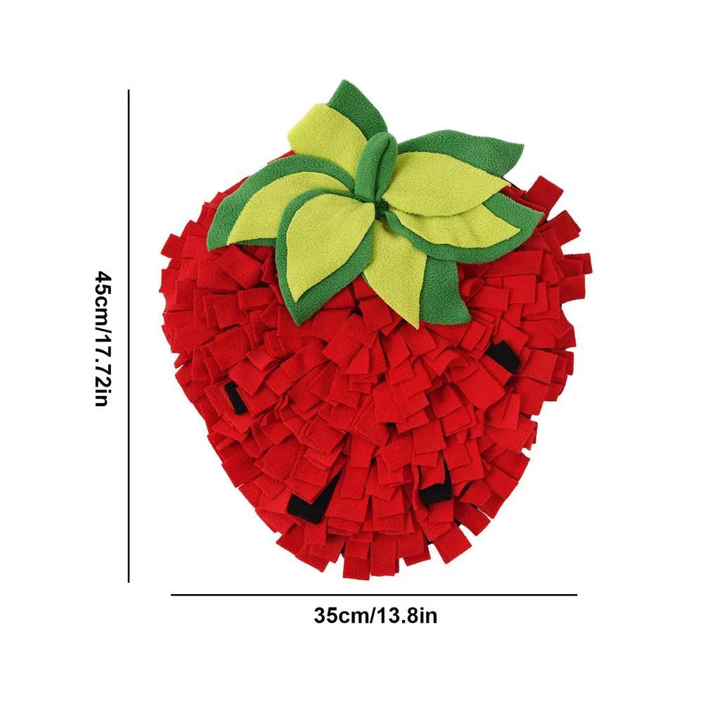Red and green strawberry-shaped pet snuffle mat with hiding spots for interactive feeding