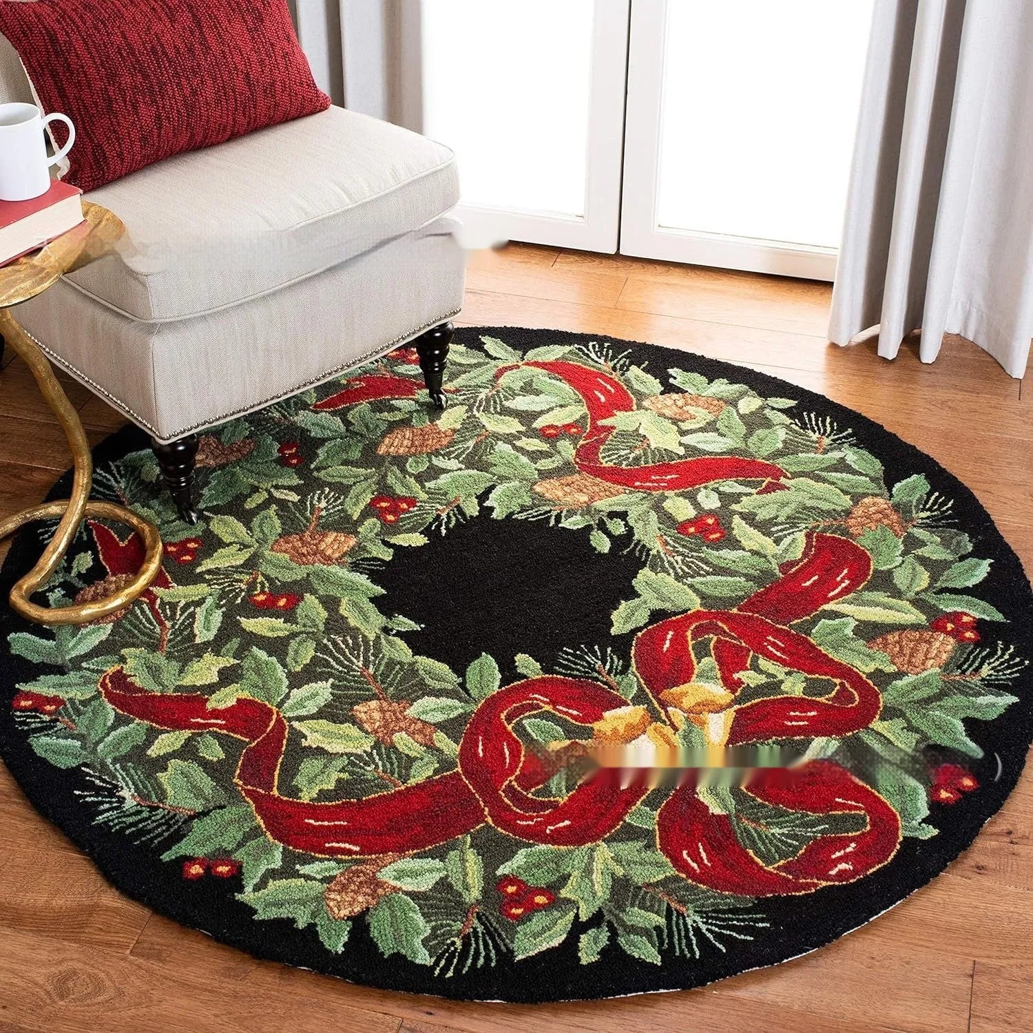 Christmas-themed printed round polyester rug on a wooden floor