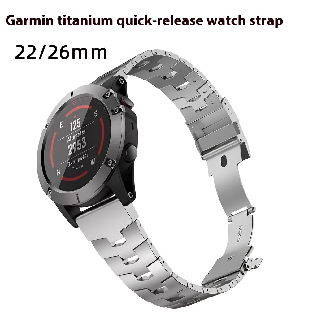 Replacement watch strap for Garmin Fenix and Jiaming smartwatches in black, silver, and titanium colours.