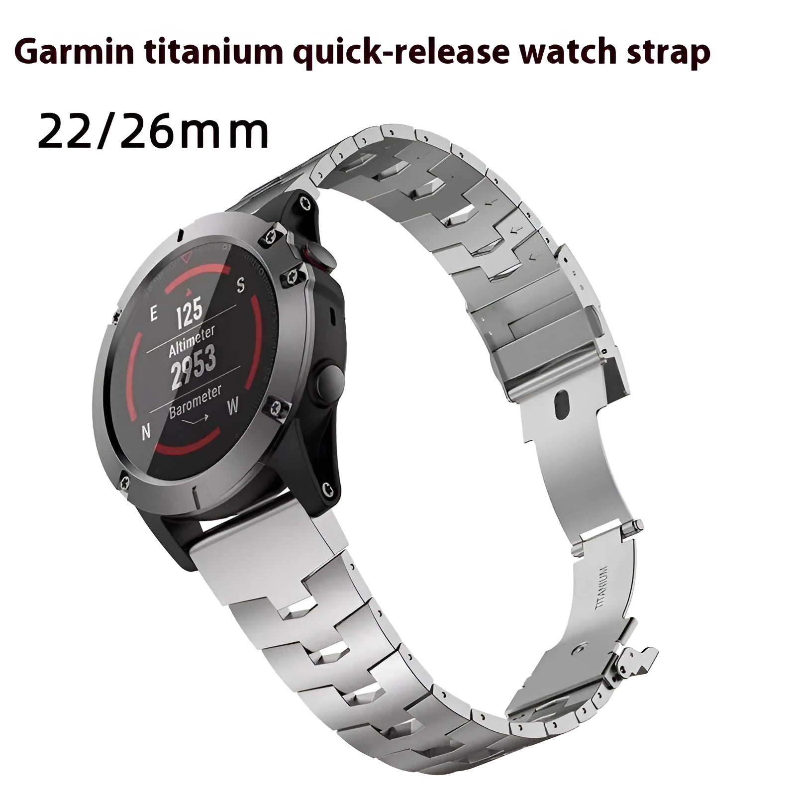 Replacement watch strap for Garmin Fenix and Jiaming smartwatches in black, silver, and titanium colours.