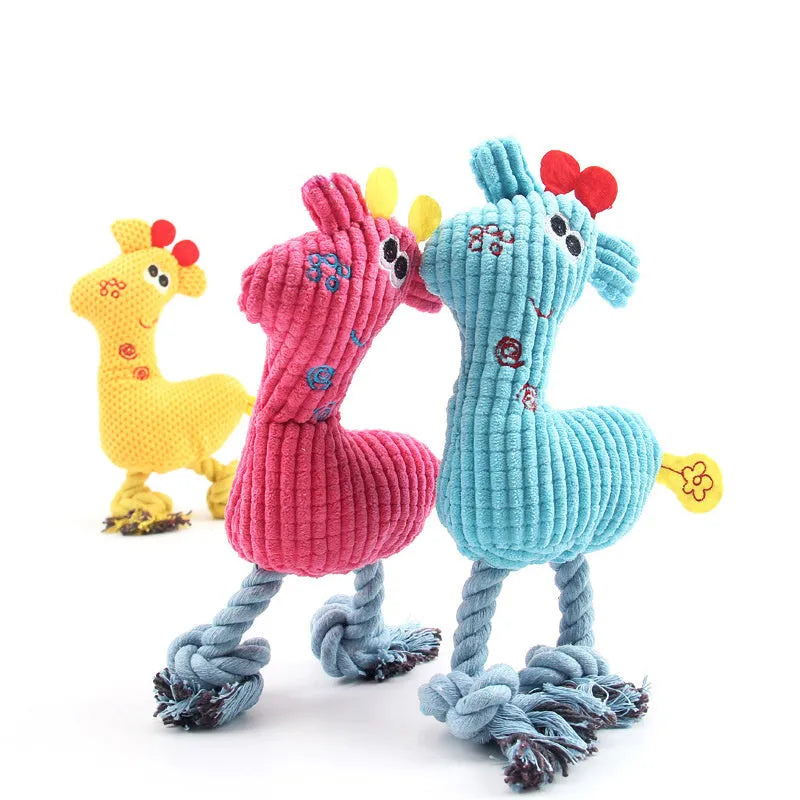 Blue deer shaped plush dog toy with sound feature and corn grain texture