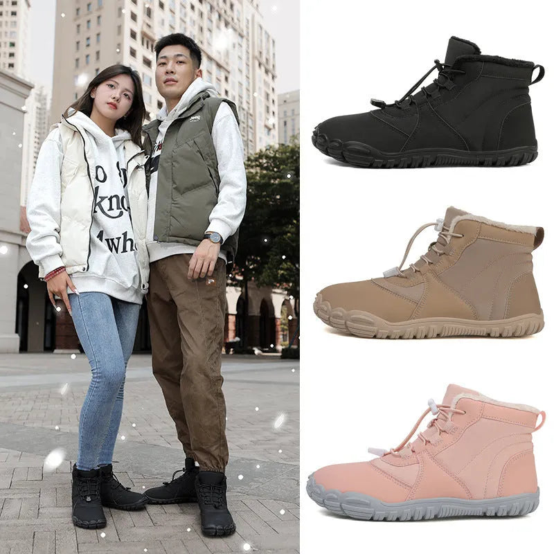 Black unisex waterproof winter snow boots with fleece lining and rubber sole on a wet surface.