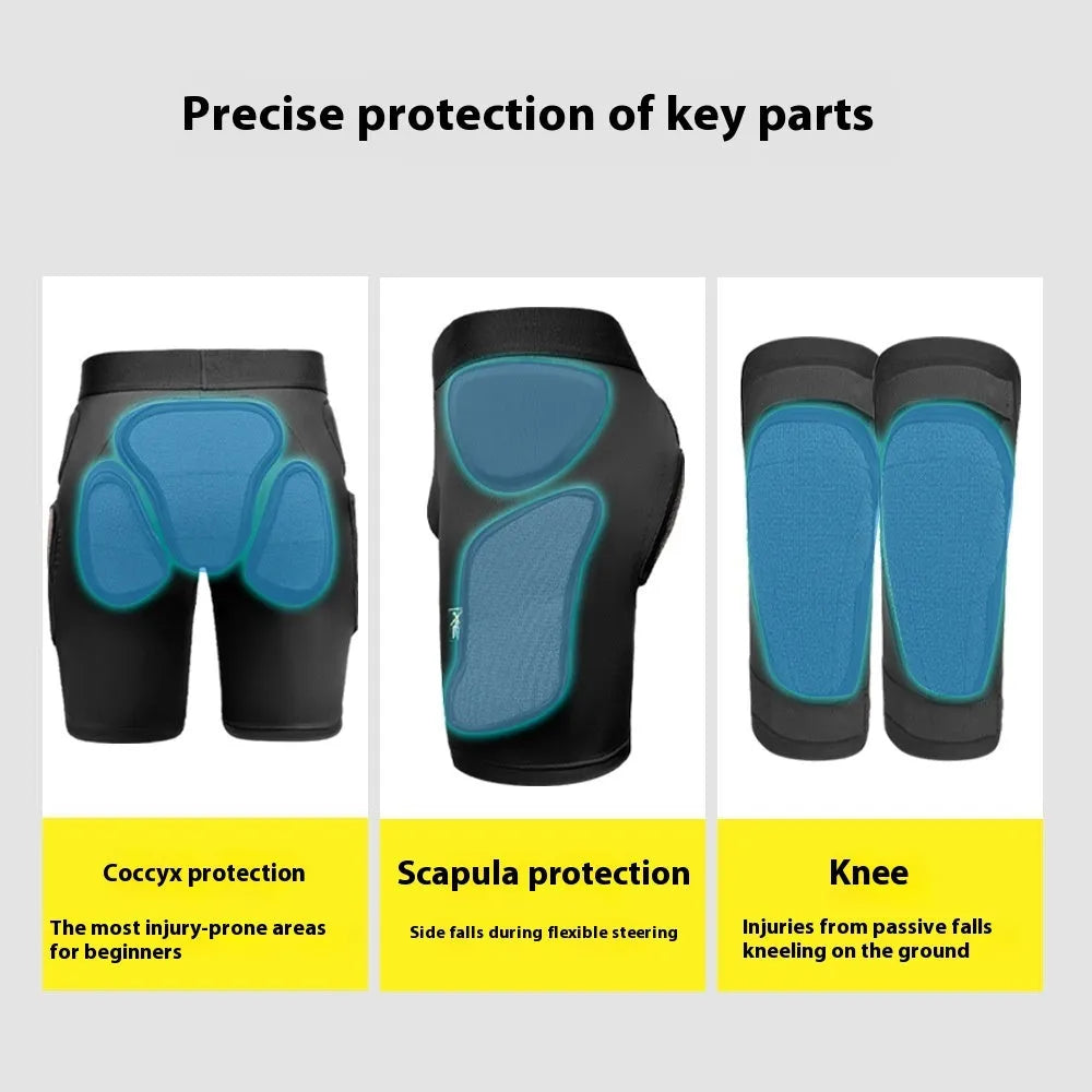 X-ray diffraction skiing protective gear showing slim-design hip pads and multi-protection knee pads.