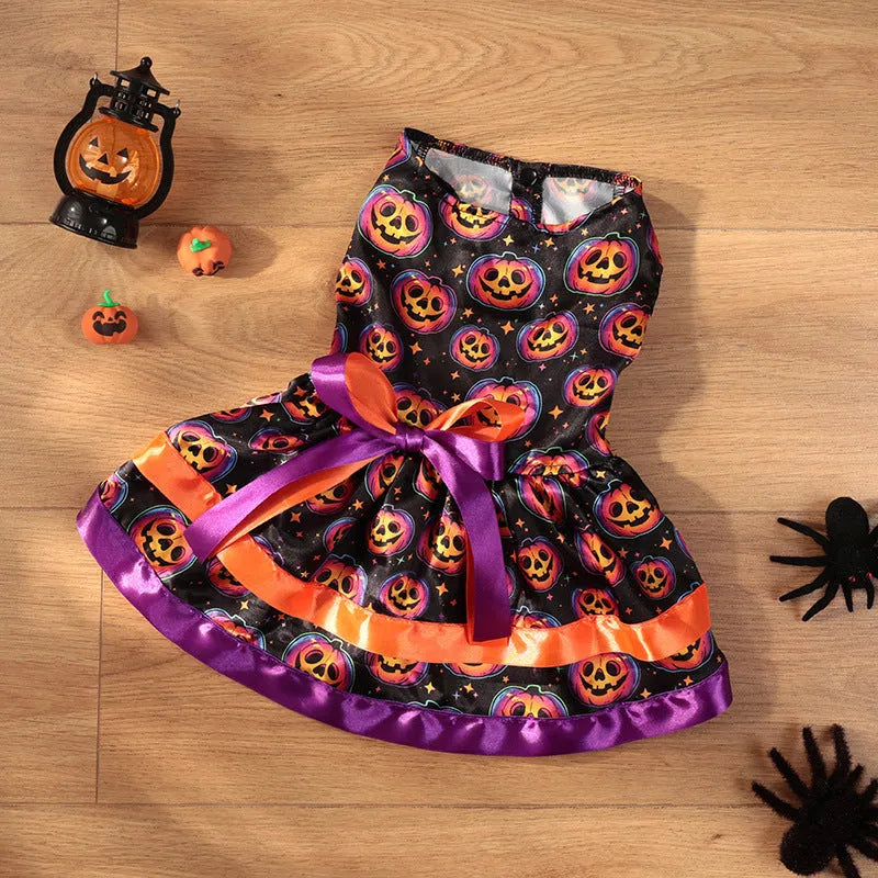 Colourful Halloween dog skirt with pumpkin or skull print on a pet.