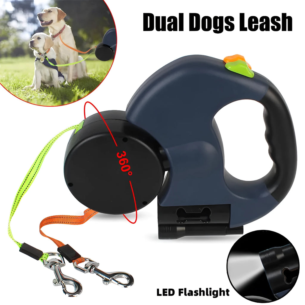 Dual retractable dog leash for small dogs with flashlight, poop bag slot, and 3-metre reflective rope.