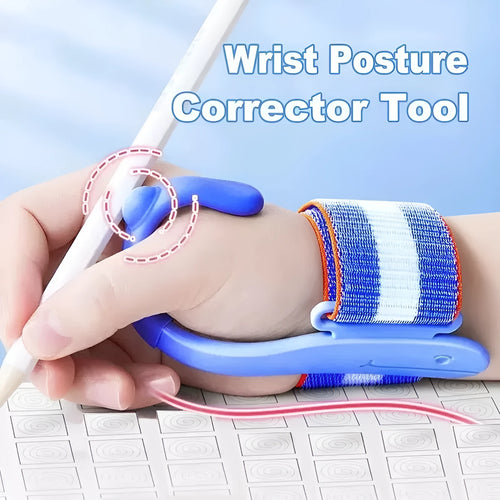 Blue and pink anti-hook wrist brace pen grip corrector for children's handwriting, made from white ABS nylon.