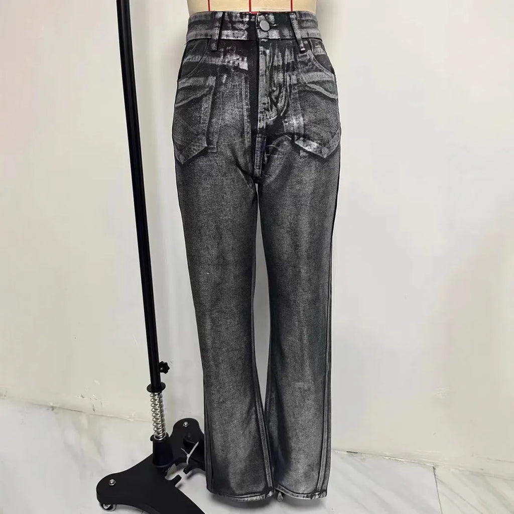 Women's high waist straight leg jeans in washed blue denim with hot silver contrast colour street hipster styling