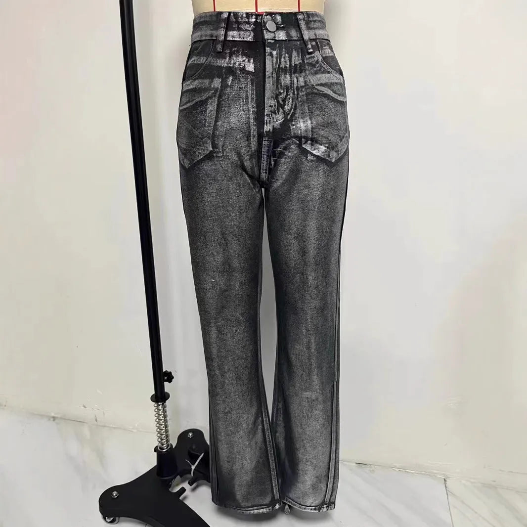 Women's high waist straight leg jeans in washed blue denim with hot silver contrast colour street hipster styling