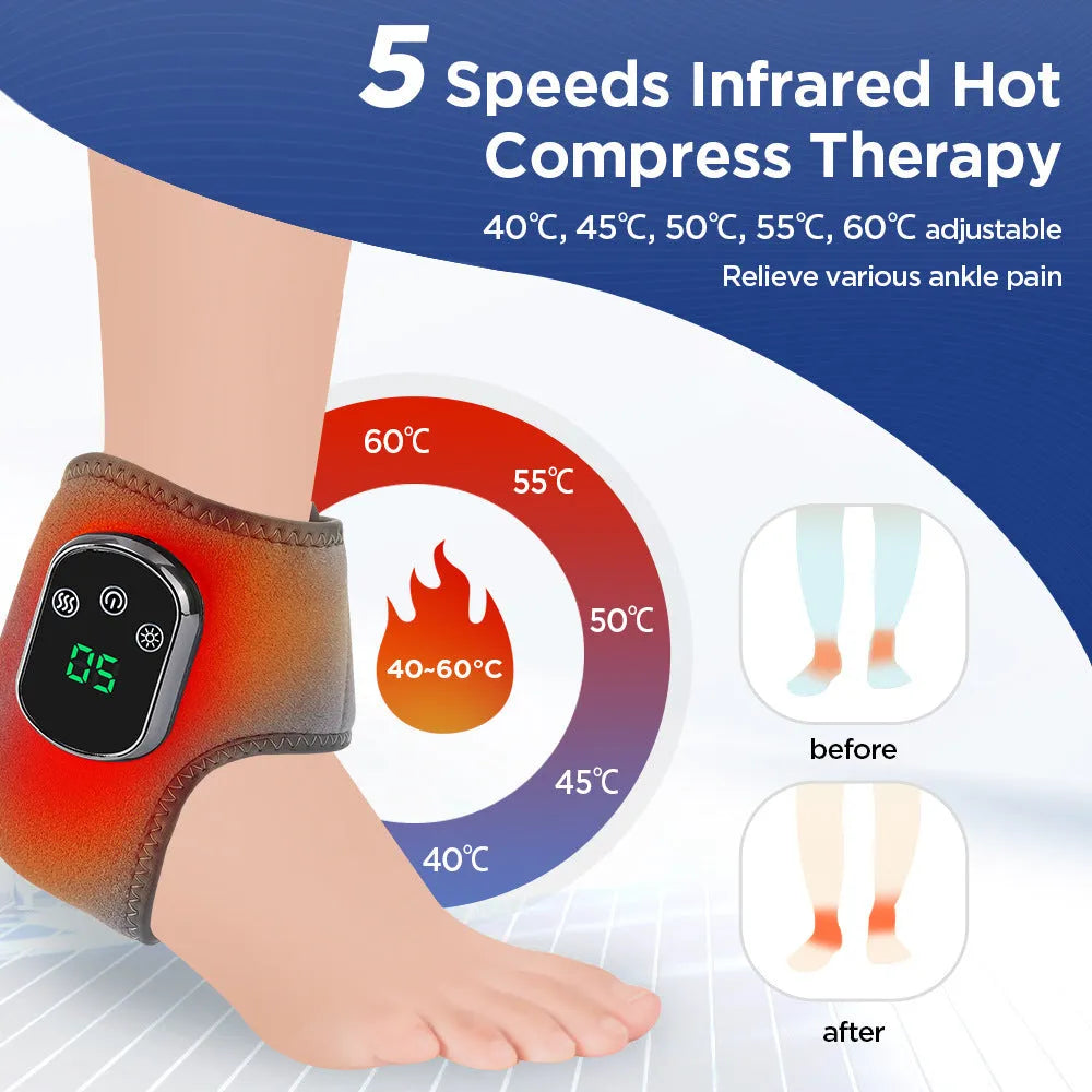 Electric heating ankle and wrist guard massage instrument in grey or black with 5V 7W power, gear controls, and optional extension strap.