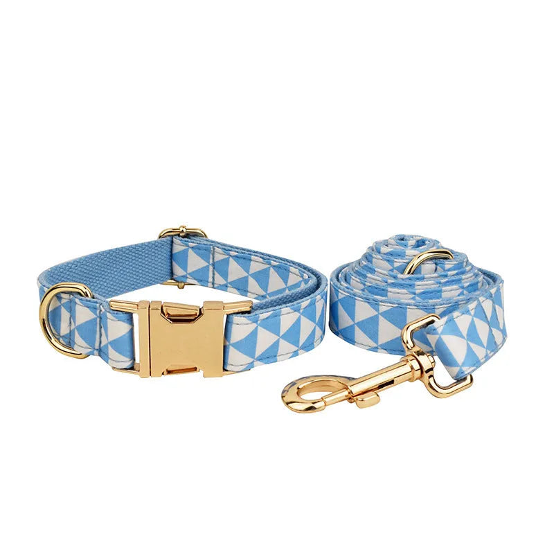 Blue cloth four-piece pet dog set showing collar, leash, bow tie and vest