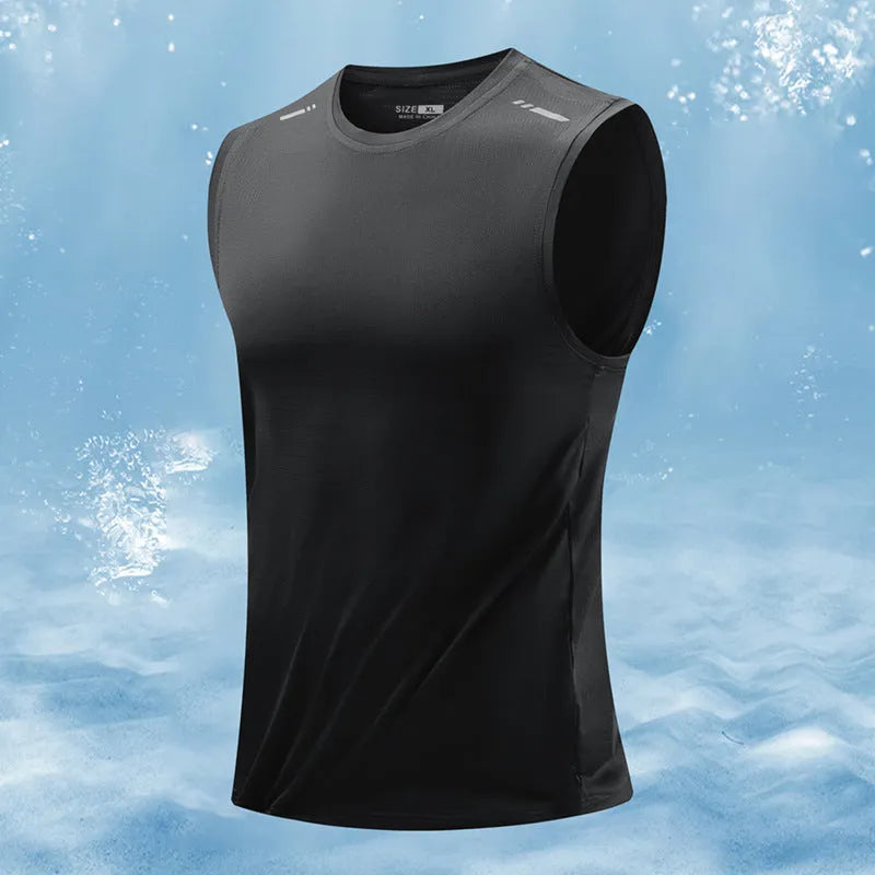 Men's loose-fit sleeveless waistcoat vest in bamboo polyester blend, shown in a solid colour.