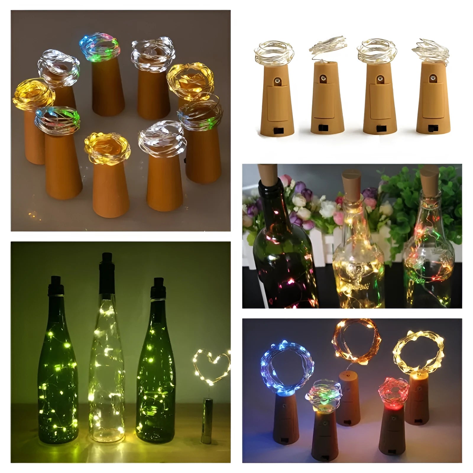 Silver copper wire LED string lights wrapped around wine bottle with 20 white LEDs