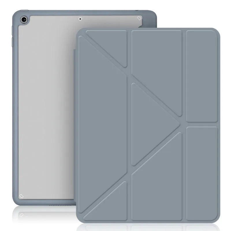 Imitation leather iPad case in dark grey showing folded bracket stand and open pen slot for Apple Pencil.