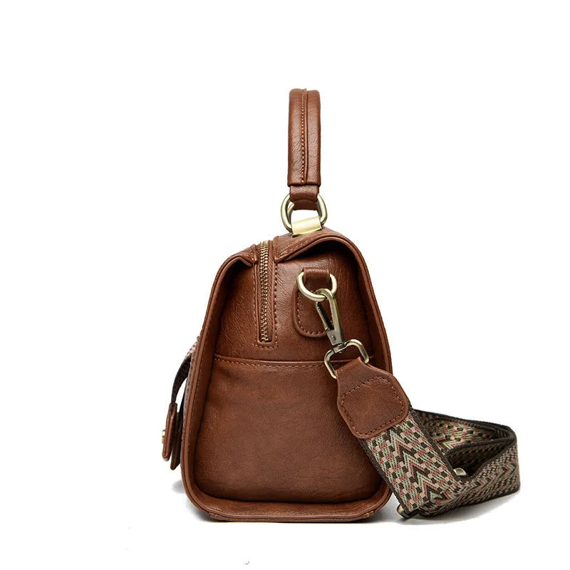 Women's retro style crossbody bag in soft PU leather with sandwich pocket, shown in six colour options