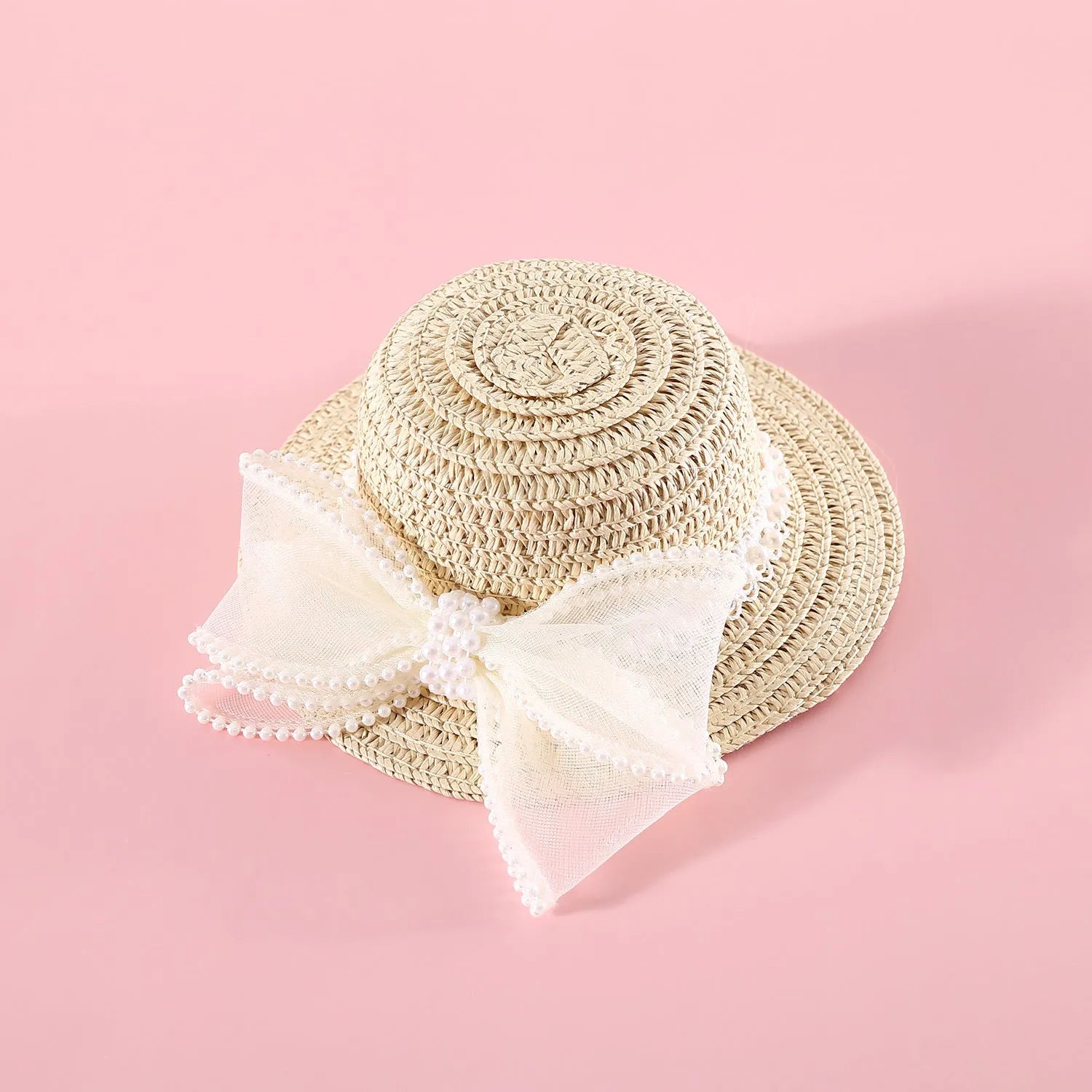 Princess-style woven cat hat with pearl butterfly bow in blue, pink, purple, or white on Lafite leaves.