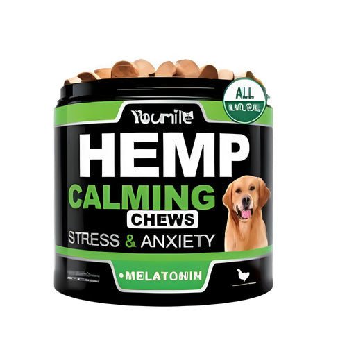 Bottle of Calm Down and Chew herbal dietary supplement capsules, 120 count, chewable tablets for stress relief.