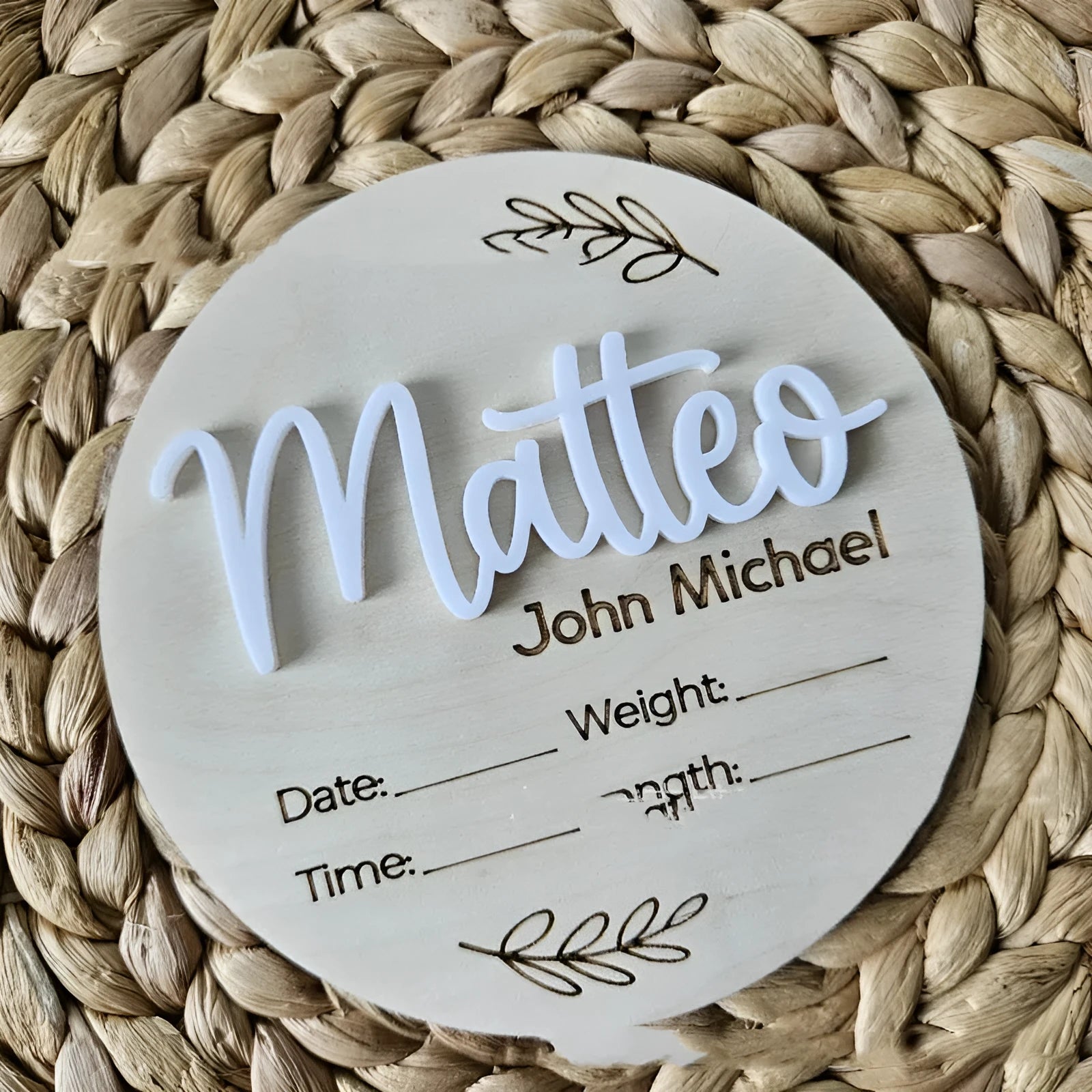 Square wooden baby name plaque with birth information, 15cm by 15cm.