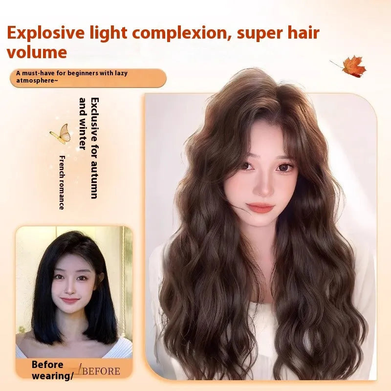 Female full head wig with long curly hair and side bangs in high temperature fibre