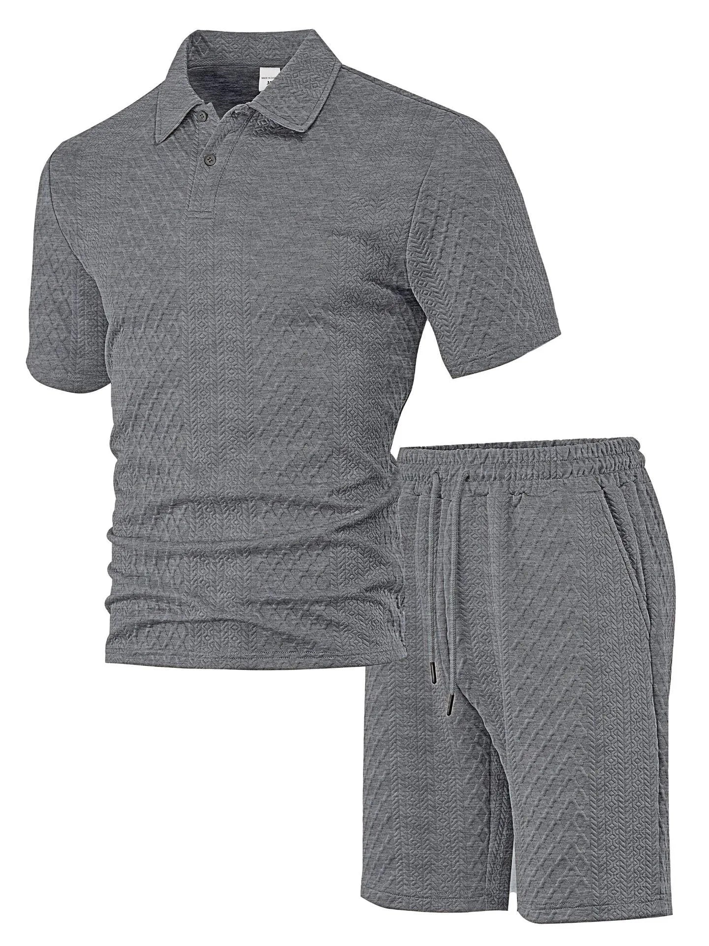 Men's patterned polyester casual suit with short-sleeve polo shirt and trousers in multiple colour options