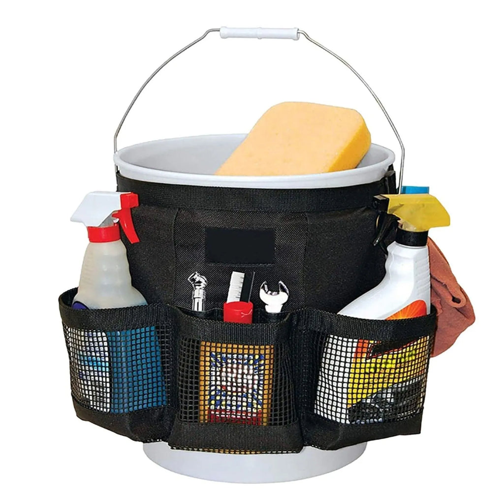 Black cylindrical polyester buggy storage bag hanging from a 5-gallon barrel.