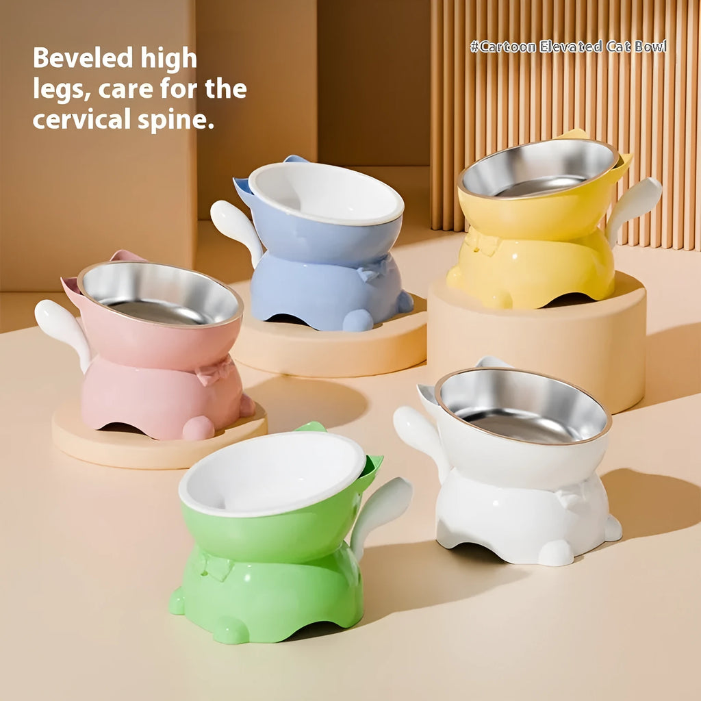 A tilted stainless steel cat bowl in blue, showing its 15-degree angle and weighted non-slip base on a kitchen floor.