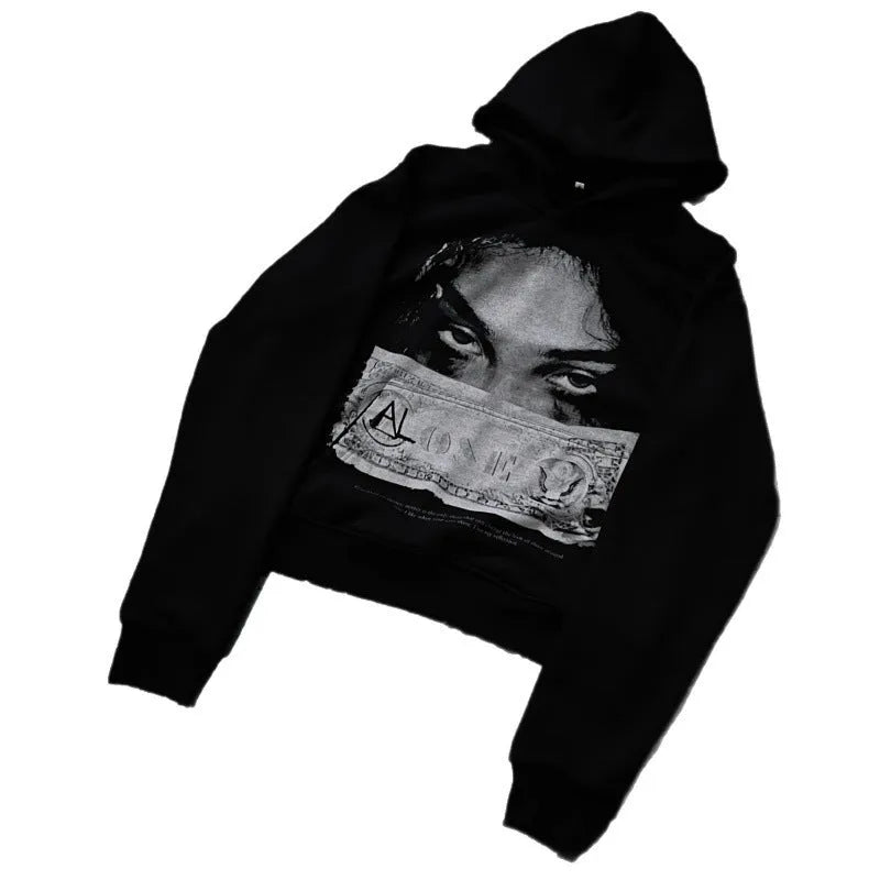 Black women's hoodie with cartoon print design in loose fit polyester fabric