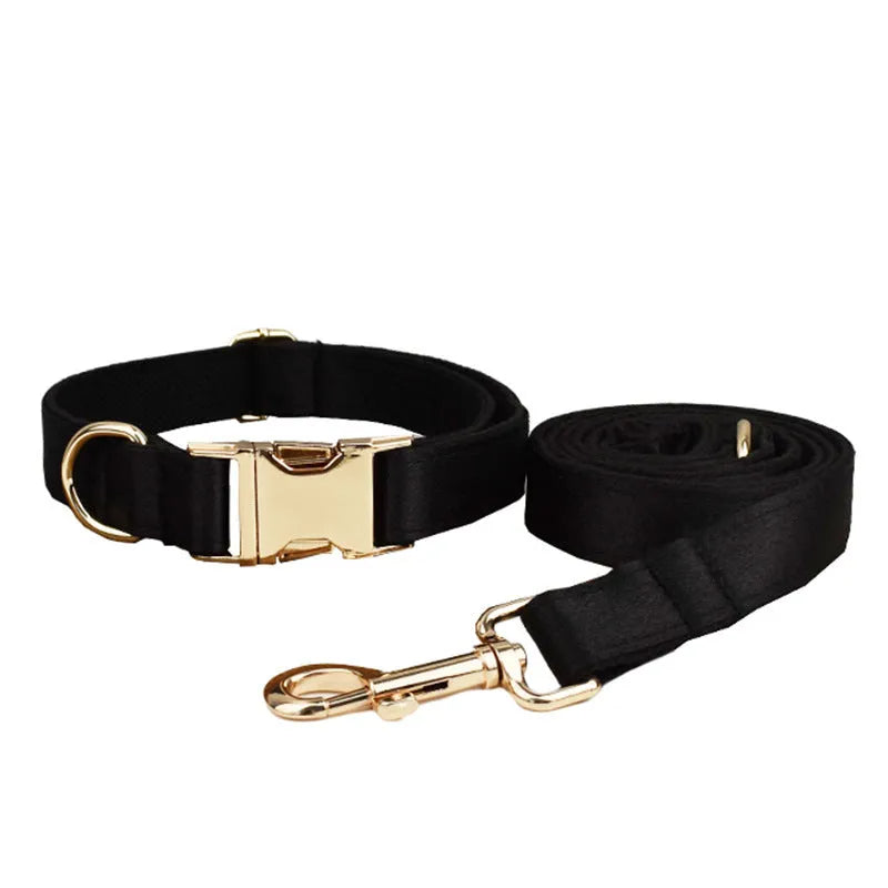 Dog wearing cloth collar and chest-strap vest harness with matching leash and decorative bow attached