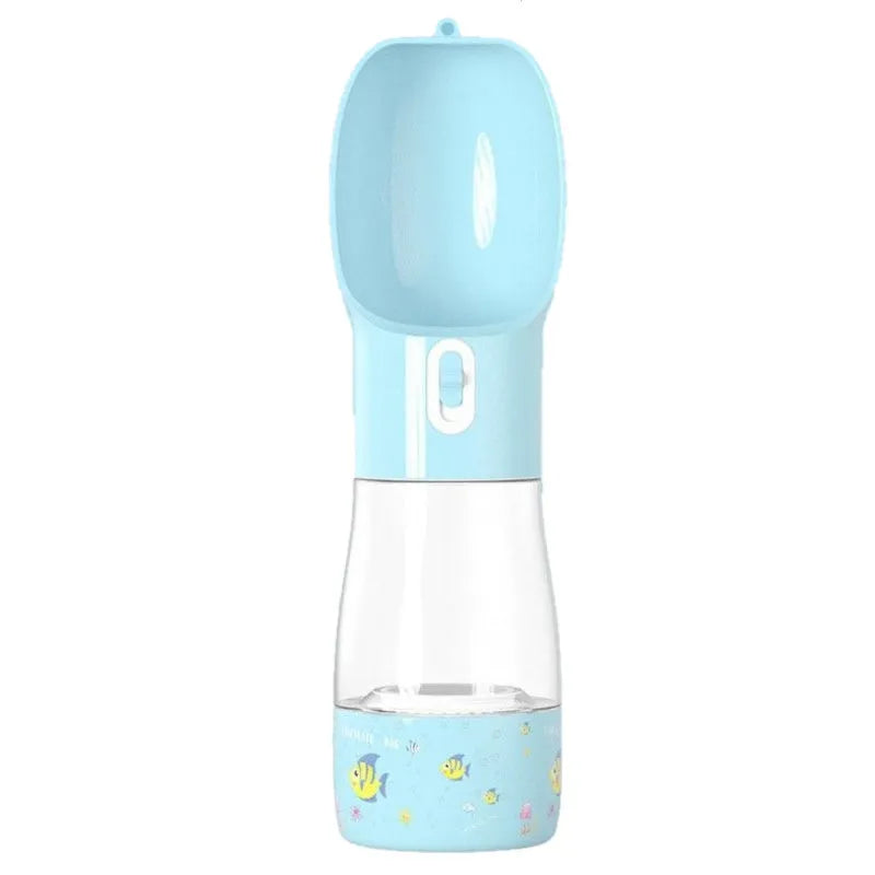 Travel Out portable dog food water cup in PC and ABS materials, 255mm length, 258ml water capacity, shown in blue